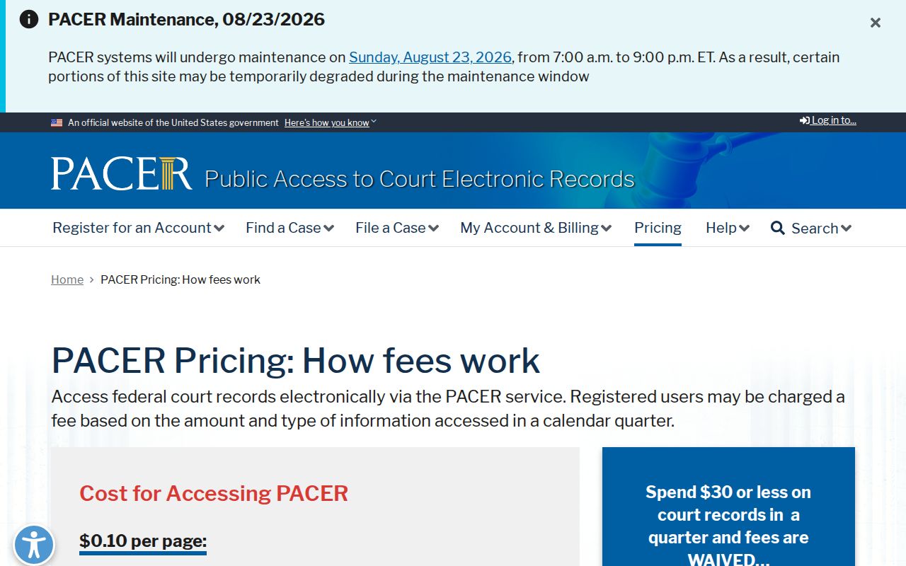 Clay County Court Records PACER fee cap